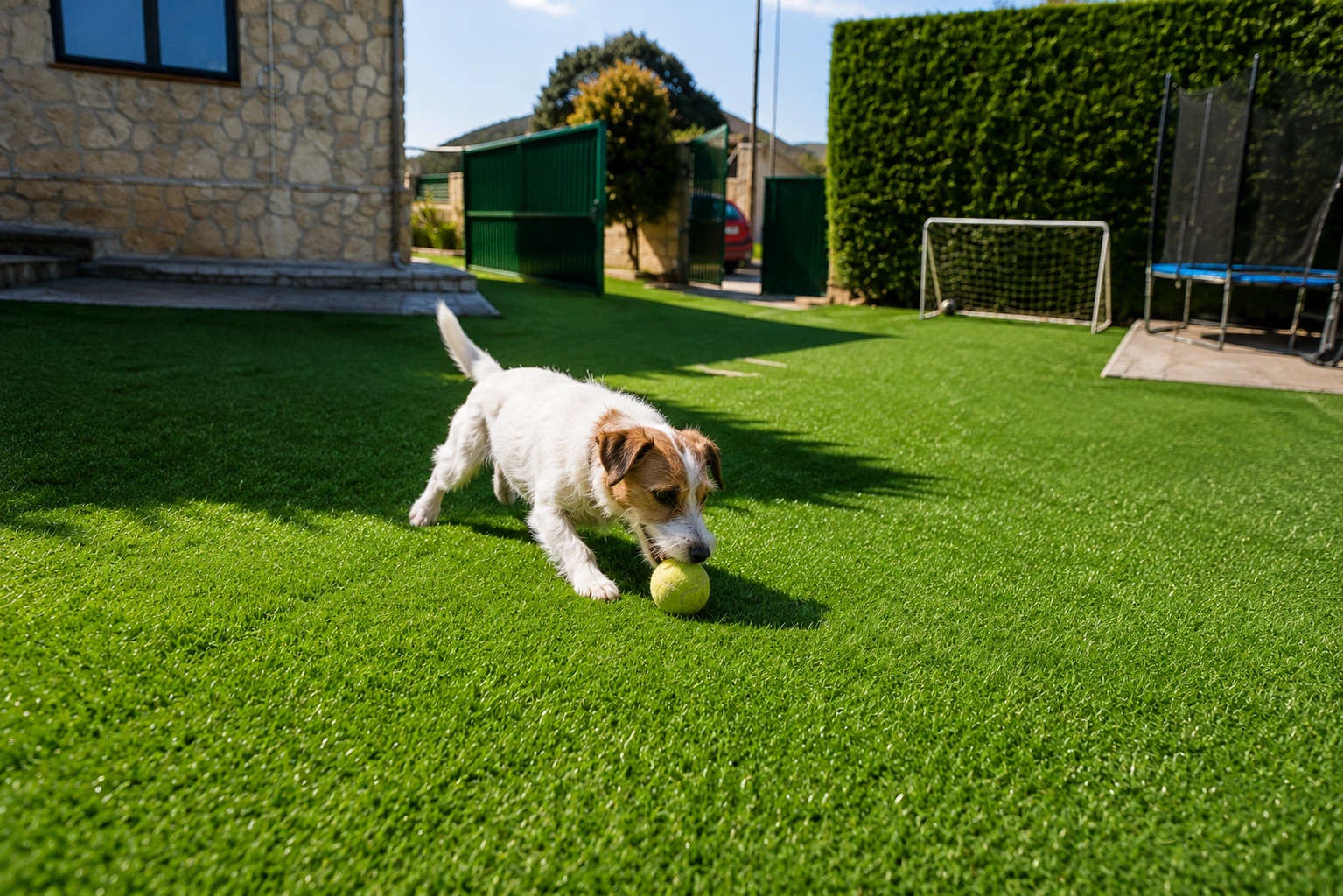 Perro en jardín con césped artificial